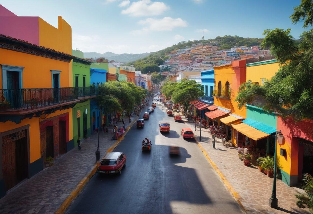 A vibrant cityscape of Mixco showcasing urban development with bustling streets, local markets, and residents engaging in community activities. Highlight green spaces with people planting trees, children playing, and art installations celebrating local culture. Incorporate juxtaposition of traditional architecture and modern buildings, symbolizing growth and progress. Use bright colors to convey energy and optimism. super-realistic. vibrant colors. 3D.