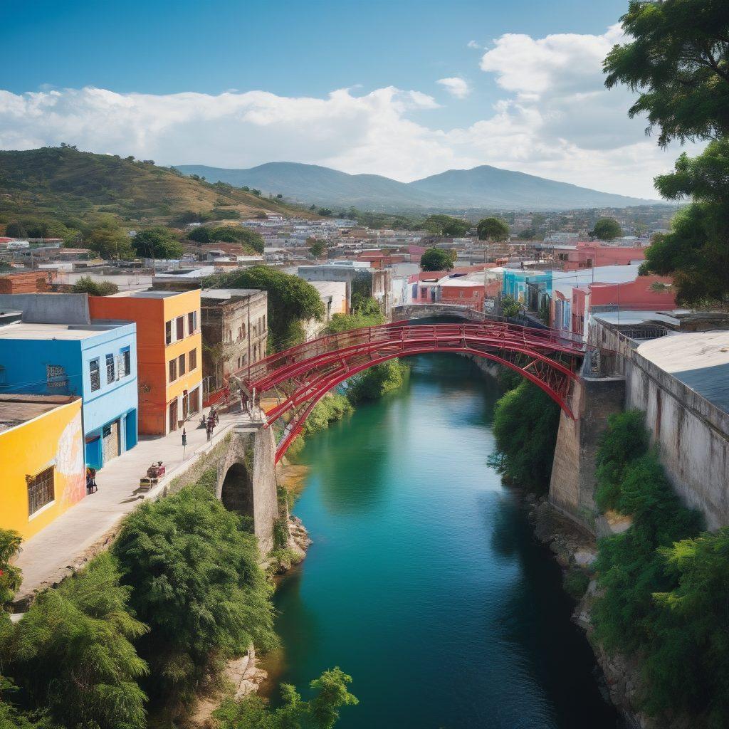 A dynamic cityscape of Mixco, Guatemala, showcasing diverse community members engaging in lively discussions around a modern bridge symbolizing connectivity. Include vibrant street art representing local culture and governance themes, with lush greenery and local architecture in the background. Capture a sense of unity and collaboration among citizens. super-realistic. vibrant colors. 3D.