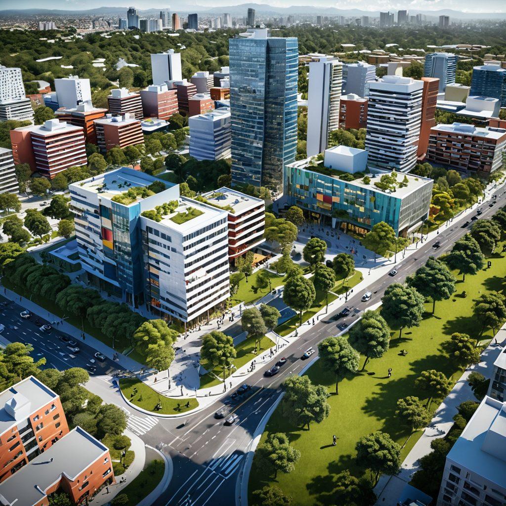 A vibrant cityscape of Mixco showcasing modern urban development with green spaces, community parks, and engaged citizens participating in a town hall meeting. Include visual elements that represent civic engagement, like diverse people holding discussion panels and digital devices displaying local projects. The skyline should blend contemporary architecture with lush greenery, symbolizing transformation and empowerment. super-realistic. vibrant colors. 3D.